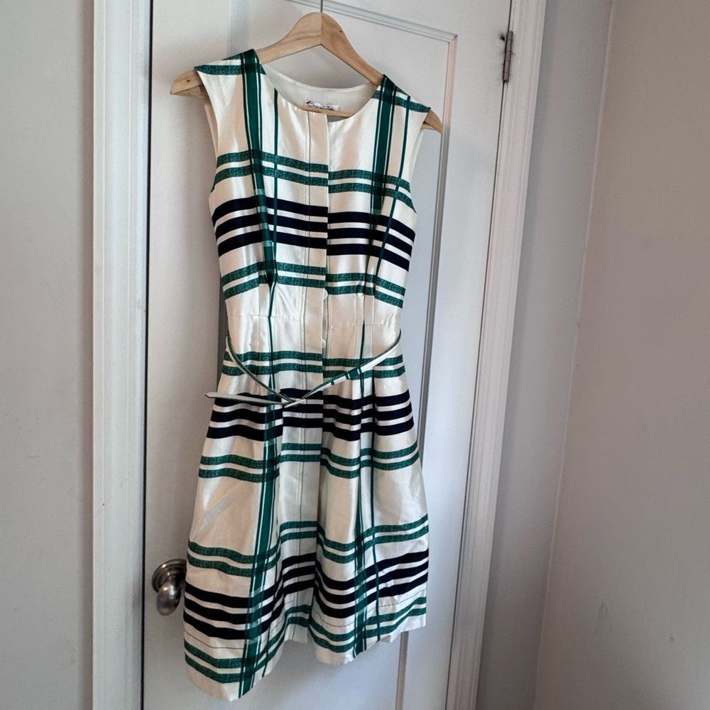 🌿 Oscar de la Renta Green & Navy Stripe Fit‑and‑Flare Dress – EUC 🌿